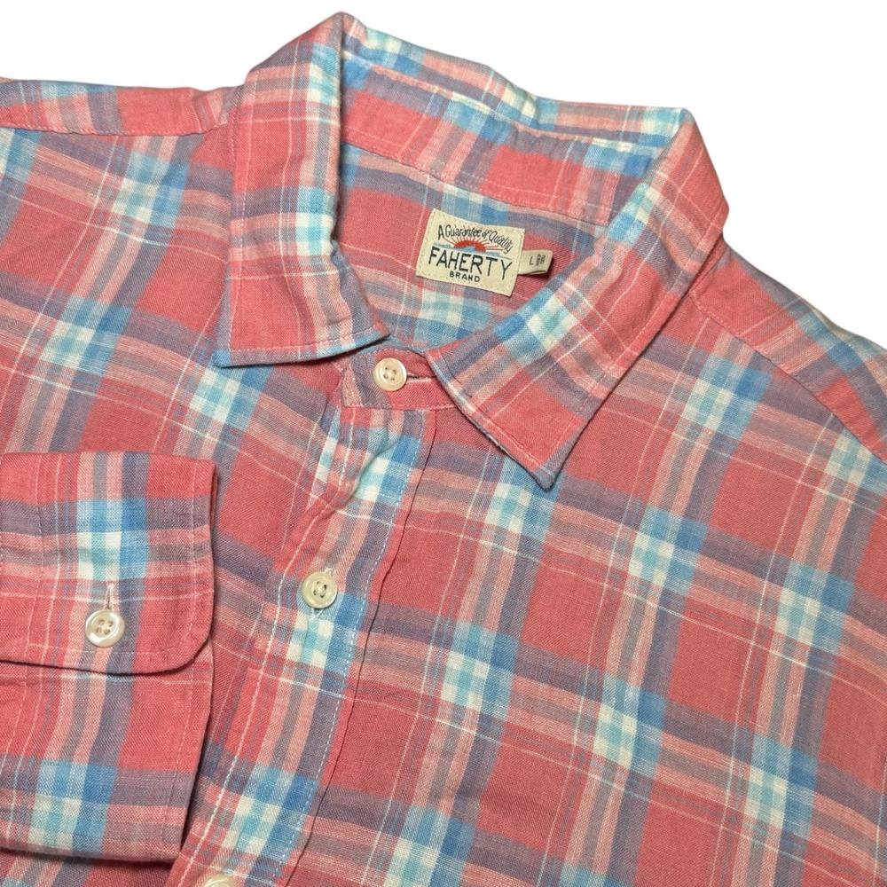 Faherty Mens Large 100% Linen Long Sleeve Plaid Button Down Shirt Coral Blue